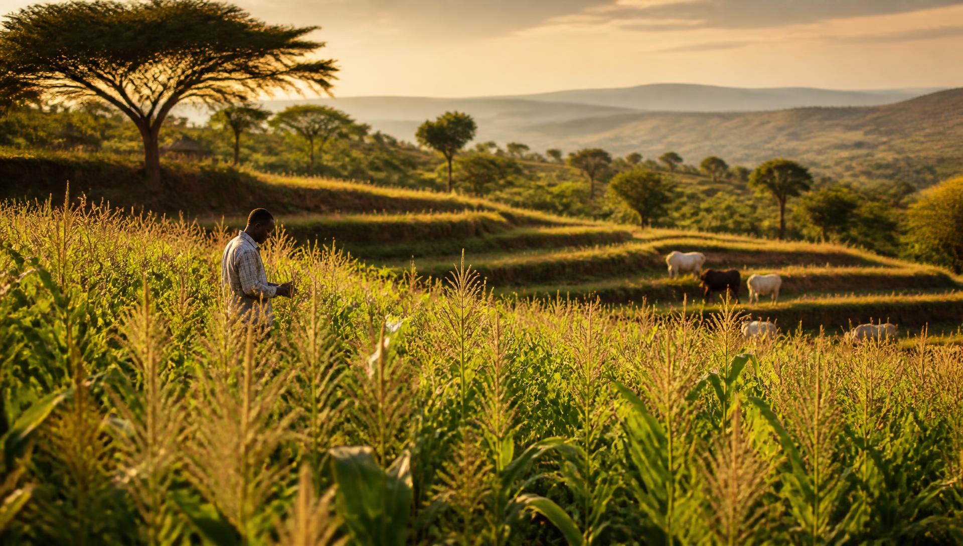 Smallholder farmer inspecting maize with cattle grazing on terraced hillsides in East Africa